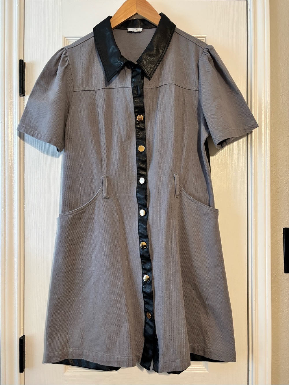 VOY Contrast Faux Leather Shirt Dress | Cotton | Button Front | Pockets | Size L